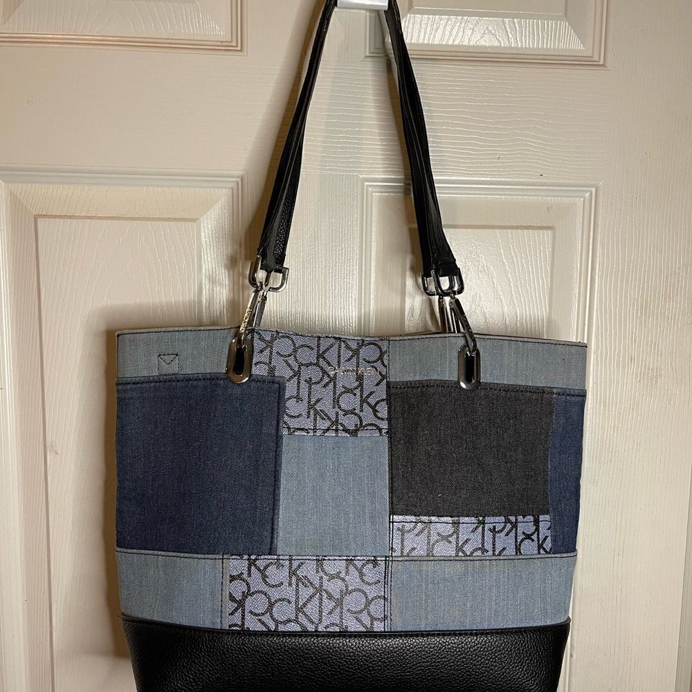 Calvin Klein gray and Bleu denim logo with black synthetic trim large tote